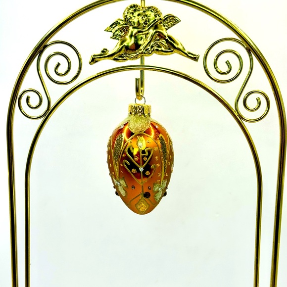 Vintage Glass Ornate Peach Oval Hand Painted Golden Christmas Ornament - Picture 2 of 6